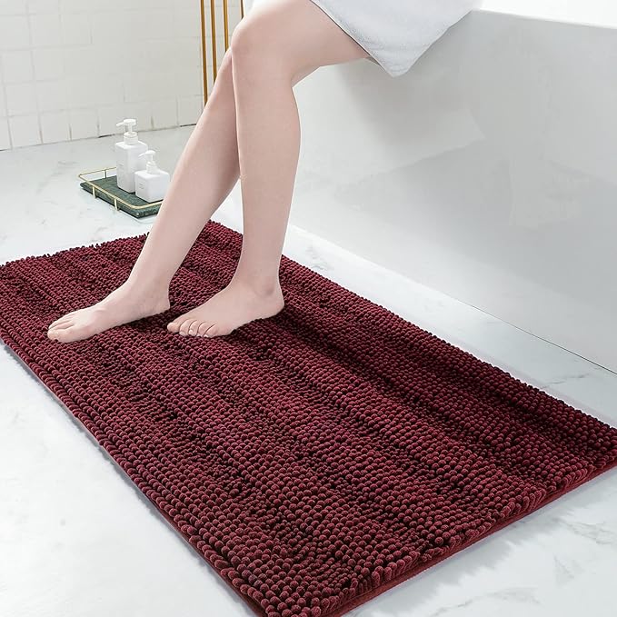 Grandaily Chenille Striped Bathroom Rugs 47x24, Extra Thick and Absorbent Bath Mats, Non-Slip Soft Plush Shaggy Shower Carpet, Machine Wash Dry, Bath Rug for Bathroom, Burgundy
