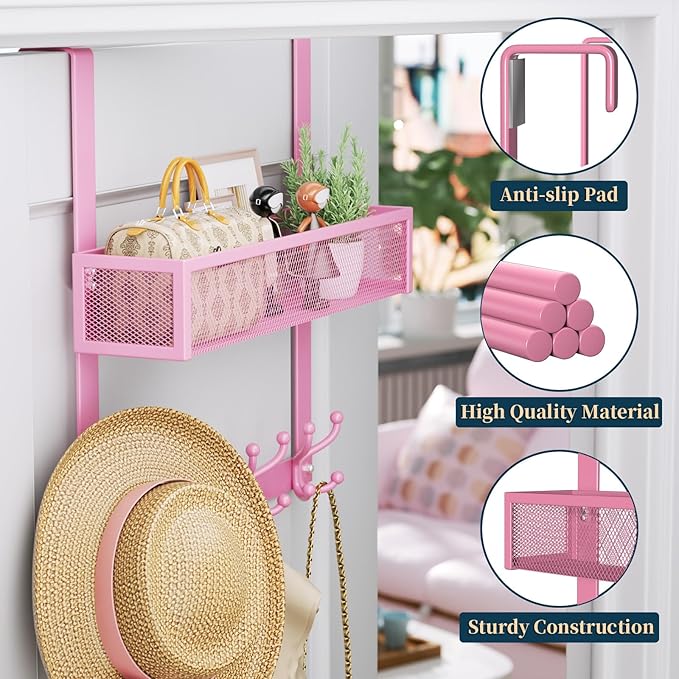 Consumest Over The Door Hooks Organizer - 2 Tier Over Door Hanger with 16 Hooks & 2 Baskets for Hanging Coat, Clothing, Towel, Back Storage for Bathroom, Closet, College Dorm, Pink