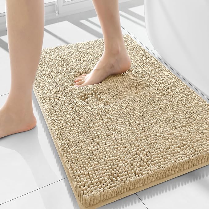 Smiry Luxury Chenille Bathroom Rugs 44x32, Extra Soft and Absorbent Shaggy Bath Mat, Machine Washable, Non-Slip Plush Carpet Runner for Tub, Shower, and Floor, Home Decor Accessories, Beige