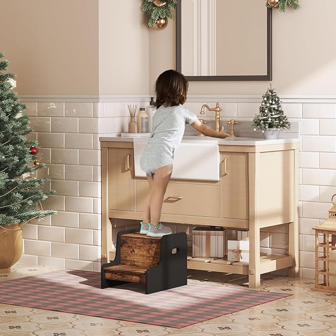 HOOBRO Step Stool for Kids, Two Step Toddler's Stool, Kids Potty Training Stool with Handles, Non-Slip Pads for Safety, Easy to Move, for Sink, Bathroom, Bedroom, Rustic Brown BF01JD01G3