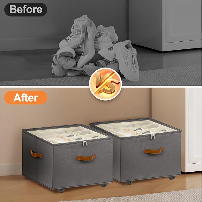 Foyego Shoe Organizer for Closet, 2 Pack Shoe Storage Organizer with Wheels and Adjustable Dividers, Stackable Shoe Storage Box with Clear Cover, Closet Shoe Organizer Fits up to 16-32 Pairs, Gray