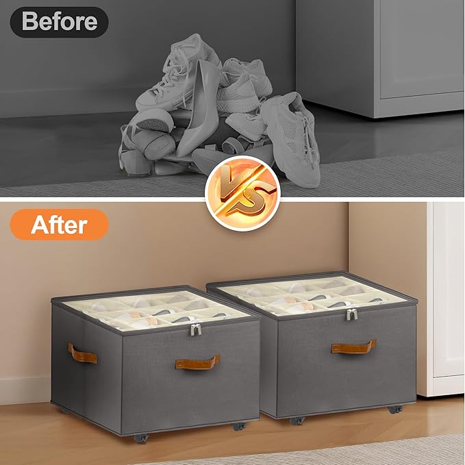 Foyego Shoe Organizer for Closet, Shoe Storage Organizer with Wheels and Adjustable Dividers, Stackable Shoe Storage Box with Clear Cover, Foldable Closet Shoe Organizer Fits up to 16-32 Pairs, Gray