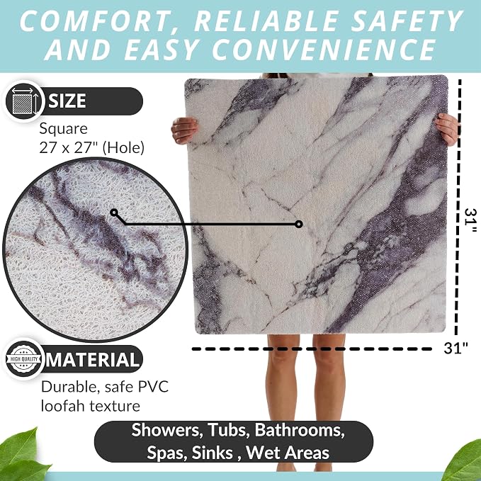 Square Shower Mat - Non Slip Shower Mats for Inside Shower - Extra Large 31x31 Shower Floor Mat Non Slip - Square Bath Mat for Shower - Secure Anti Slip Loofah Shower Bath Mat (31x31 Blue Grey)