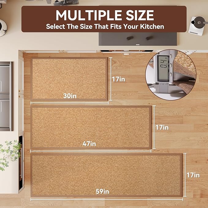YDKGL Kitchen Rugs Mat Non Slip Washable, 0.4" Thick Anti Fatigue Cushioned Kitchen Mats for Floor, Absorbent Jute-Look Kitchen Runner Rug Sink Mat Laundry Standing Mats, Easy Clean, Brown 17"x47"