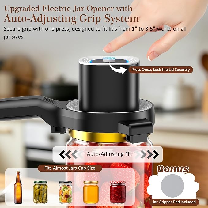 Electric Jar Opener for Seniors with Auto-Adjusting Gripper, Rechargeable Jar & Bottle Openers for Weak Hands and Arthritis, Easy Twist Off Lid Opener with Rubber Gripper Pad, Fits 1"-3.5" Lids(White)
