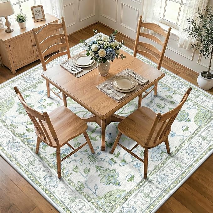 RELEANY Area Rugs Square 8ft Washable Non-Slip, Floral Vintage Distress Medallion Carpet for Living Room Bedroom Dining Room, Green White Blue