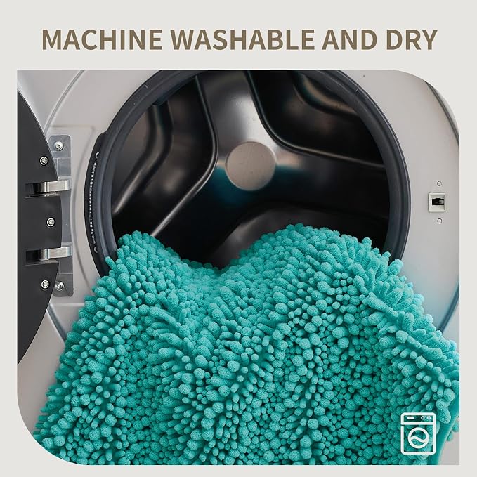 Bathroom Rugs Non Slip Washable 32x20, Extra Thick Soft Chenille Absorbent Bath Mat, High Density Barrier Non Slip Backing, Quick Dry Plush Shaggy Floor Carpet for Tub&Shower, TealBlue
