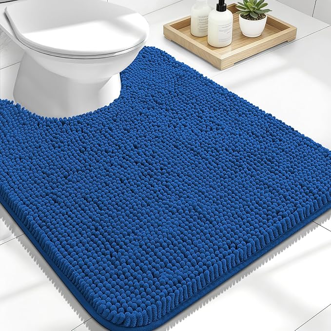 OLANLY Toilet Rugs U-Shaped 24x20, Extra Soft Absorbent Chenille Contour Bathroom Rugs for Toilet, Dry Quickly, Machine Washable, Non-Slip Bath Mat, Deep Navy Blue