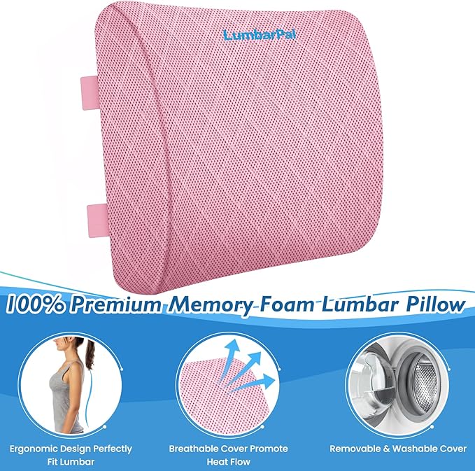 Lumbar Support Pillow for Office Chair Back Support Lumbar Pillow for Car, Gaming, Office Chair - Improve Sitting Posture & Back Pain Relief, Memory Foam, Adjustable Straps, Pink