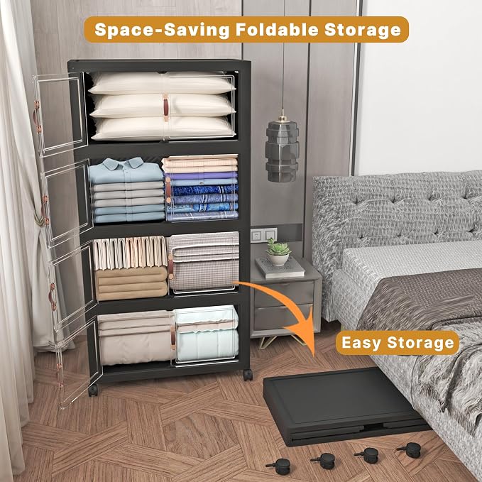 UAMFURI Stackable Storage Bins with Lids, 1400QT Closet Organizers and Storage with Doors and Wheels, Extra Large Storage Cabinet, Collapsible Plastic Drawers for Bedroom Office Garage
