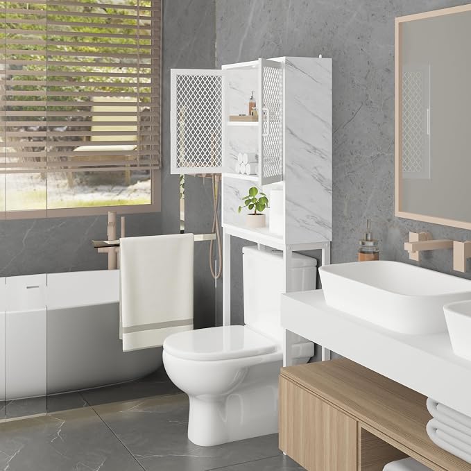 Launica Over the Toilet Storage Cabinet, Over Toilet Bathroom Organizer with Mesh Doors and Shelves, Freestanding Bathroom Storage Cabinet Above Toilet, Wood and Marble, White Marble