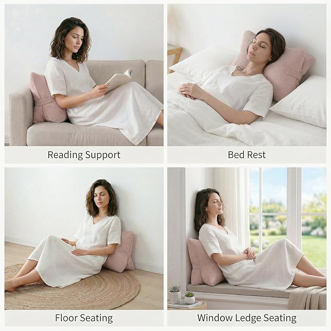 Pat. Pend. Corduroy Back Support Pillow for Sitting, Ideal for Expecting Moms, Low Back Cushion for Bed Sitting, Reading & Relaxing, Ergonomic Triangle Backrest, Washable Cover, Pink