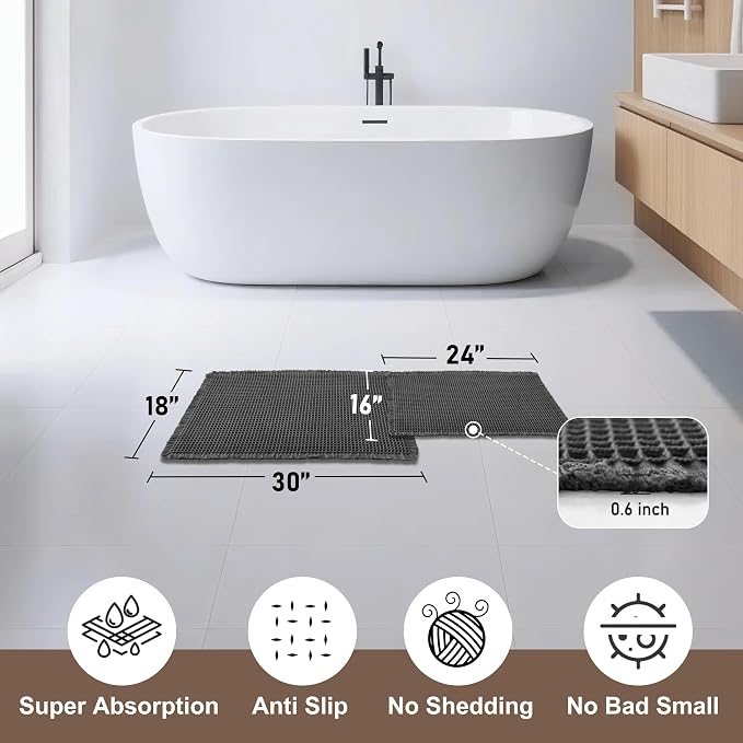 JIUZHEN Set of 2 Waffle Bath Mats Boho Non Slip Bath Rugs Washable Bathroom Rugs Super Absorbent Waffle Mats Ultra Soft Fast Drying Mat for Bathroom Floor, Tub, 16" x 24" +18" x 30", Black