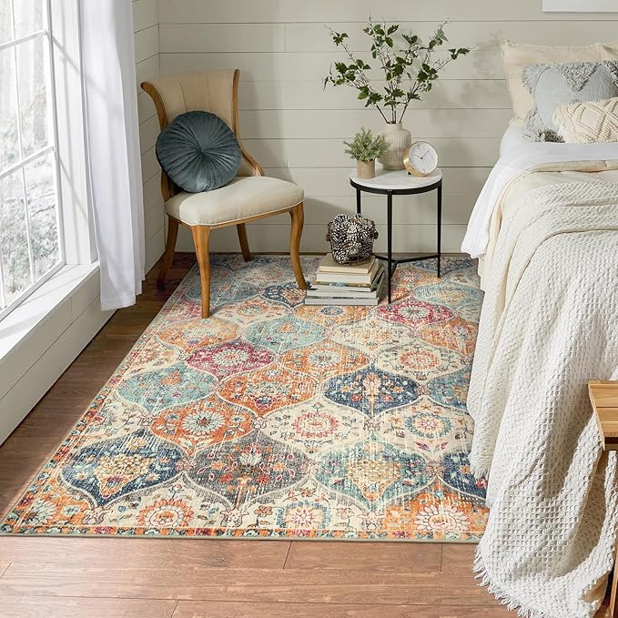 Lahome Moroccan Trellis Washable Small Area Rug, 3x5 Area Rug for Bedroom Living Room, Non-Slip Oriental Accent Throw Carpet for Kitchen Office Entryway Bathroom Office Elise, Cream/Multi