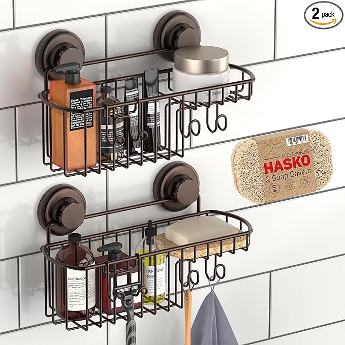 HASKO 2 Pack Shower Caddy Suction Cup with Hooks & Soap holder, Includes 2 Soap Savers, Shower Shelf, Bathroom Storage Organizer, Rustproof Shampoo Holder, Bronze