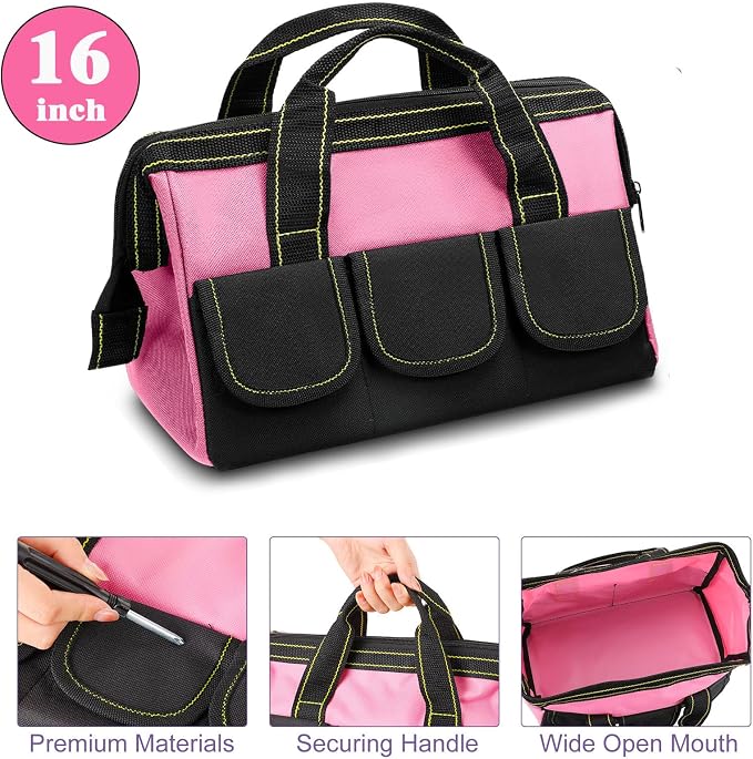 Sanwuta 3 Pack Tool Bag for Men with Waterproof Hard Bottom, Heavy Duty Tool Bag Wide Mouth Tote for Various Instrument, Electrician Carpenter Mechanic(Red, Pink, Light Purple,16 Inch,Classic)