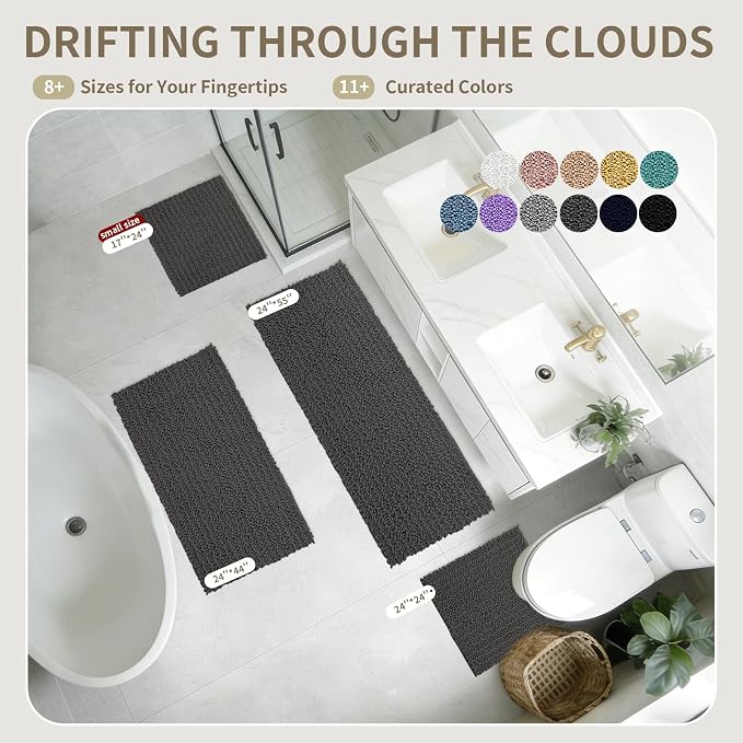 Bathroom Rugs Non Slip Washable 55x24, Extra Thick Soft Chenille Absorbent Bath Mat, High Density Barrier Non Slip Backing, Quick Dry Plush Shaggy Floor Carpet for Tub&Shower, Darkgrey