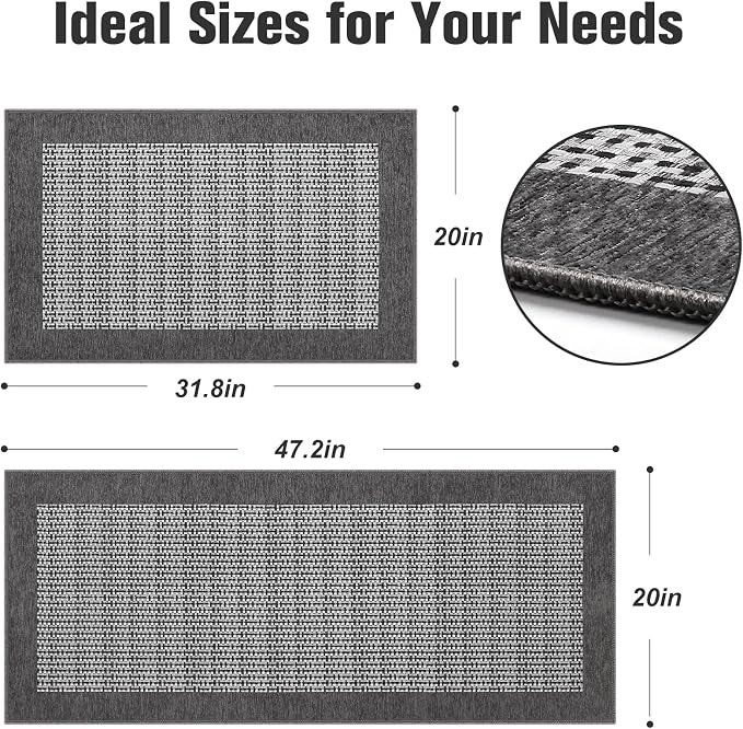 StepRite Kitchen Mats for Floor, Non-Slip Kitchen Rugs Set of 2 PCS, Super Absorbent Washable Kitchen Mats with Rubber Backing, Runner Mats for Front of Sink (20"x32"+20"x47" Grey)