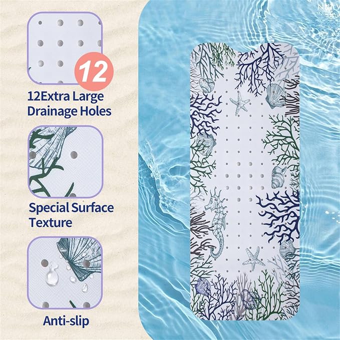Bathtub Mat Non Slip 40x16 Inch Extra Long Bath Mat, Sea Animals Shower Mat Non Slip Bath Mat for Tub Anti Slip with Large Drain Holes and Suction Cups, Ocean Design Bathroom Mat for Bathroom Decor ﻿