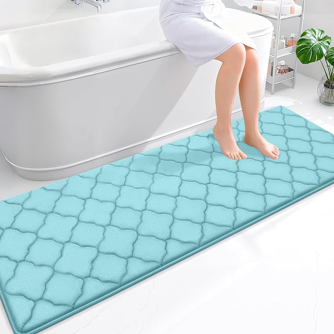 OLANLY Memory Foam Bath Mat Rug 70x24, Ultra Soft and Absorbent Bathroom Rugs, Non-Slip, Comfortable, Machine Washable Bath Carpet for Bathroom Floor, Tub, Shower and Home Decor Accessories, Sky Blue