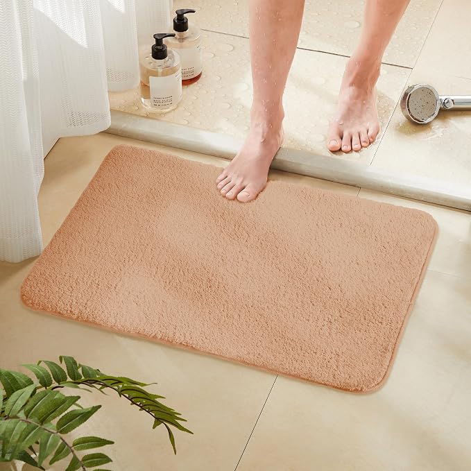 TECHMILLY Fluffy Bathroom Rug Mat 24x17, Absorbent Thick Non Slip Microfiber Mats, Quick Dry Machine Washable Bath Rug for Bathroom Floor, Bathtub and Shower, Beige