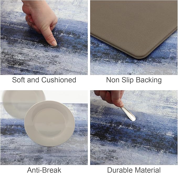 MAYHMYO Anti Fatigue Kitchen Mat - Set of 2 - Blue and Marble Design Comfort Mats - Cushioned, Non Slip Floor Mat