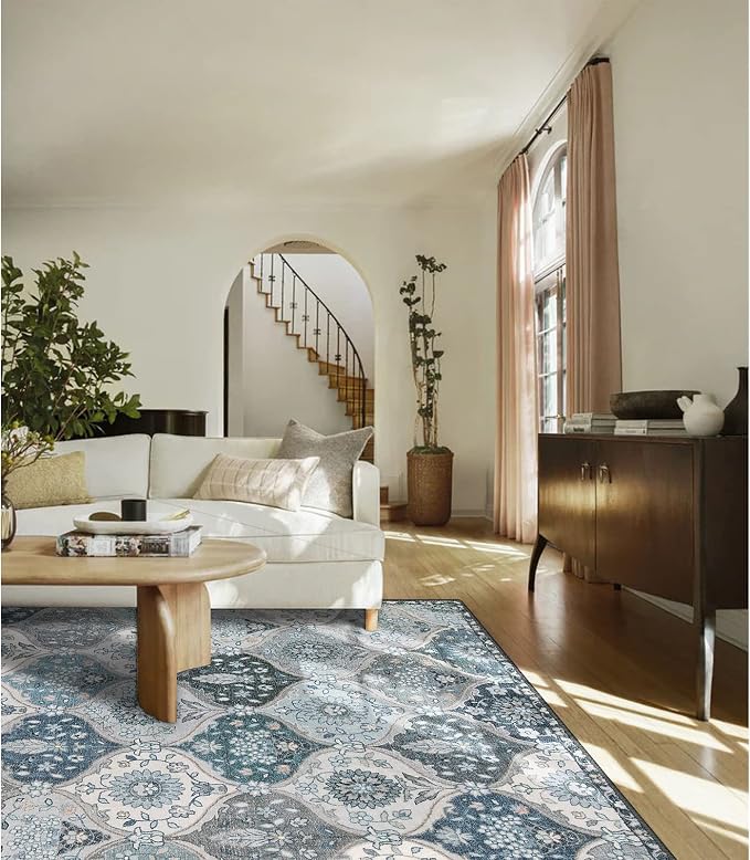 Lahome Moroccan Trellis Washable Area Rug, 5x7 Rugs for Living Room Bedroom, Indoor Non-Slip Oriental Accent Throw Large Carpet for Kitchen Entryway Bathroom Office Elise, Blue