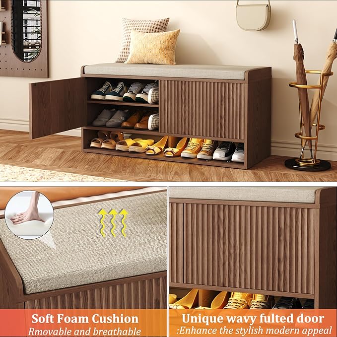 HOMEFORT 39.4" Fluted Shoe Storage Bench, Entryway Bench with Linen Seat Cushion, Shoe Cabinet Bench with Adjustable Shelf and Built-in LED Sensor Light, Bench for Bedroom End of Bed,Walnut