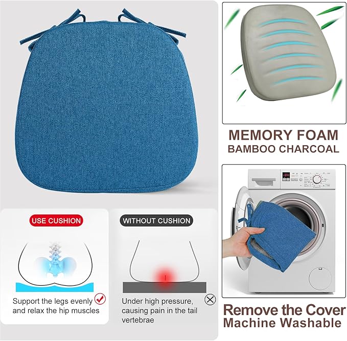 SINOSSO 6 Pack Memory Foam Chair Cushions for Dining Chairs, Friendly Woven Fabric 16" U-Shape Comfortable Kitchen Chair Pads, Removable Slip Resistant Seat Cushions (Set of 6, Blue)
