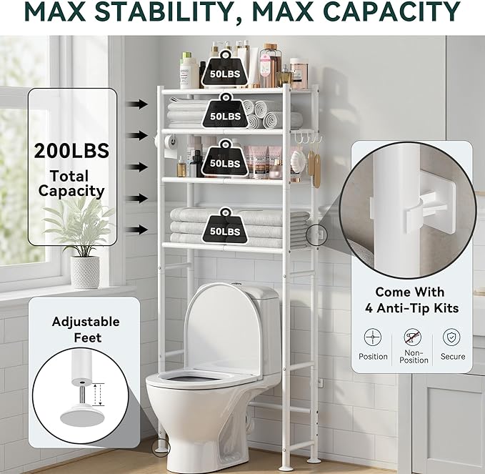 GloTika 4-Tier Over The Toilet Storage, 200lb Total Capacity Metal Bathroom Organizer with 36" Clearance, Includes Paper Holder & 4 Hooks, Space Saving Rack for Bathroom Laundry Room (64" H, White)