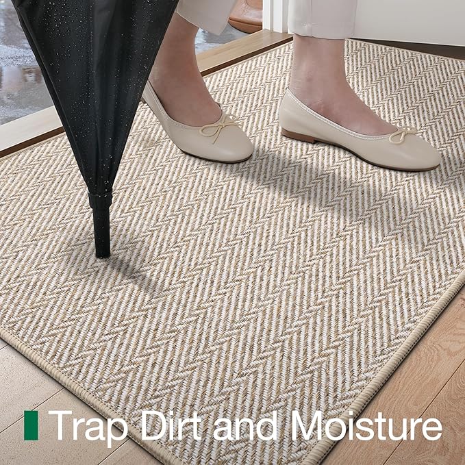 LUMI Ultra Thin Indoor Door Mat for Entrance 36"x56", Non Slip Entryway Mat, Low Profile Doormat, Unique Herringbone Design Carpet for Inside, Patio, Porch, Beige