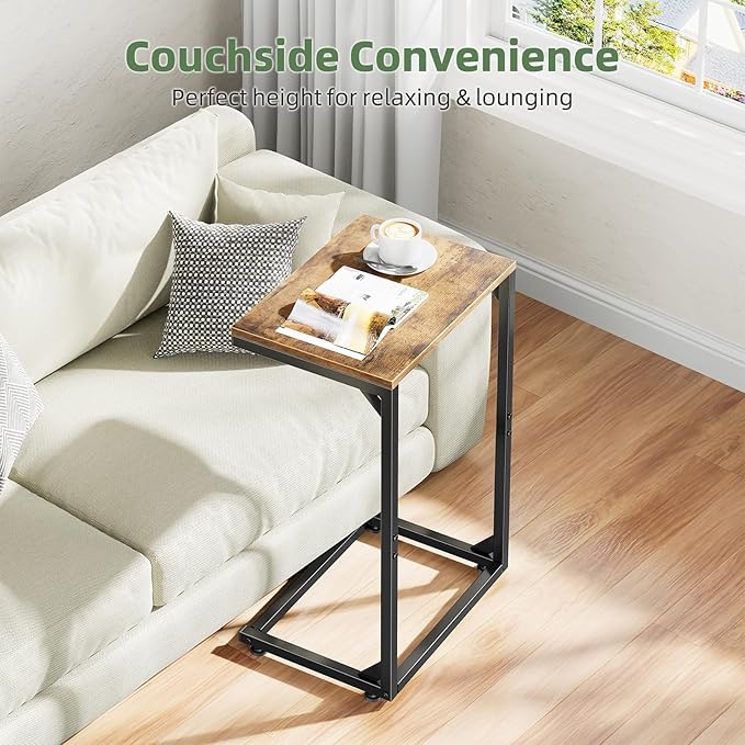 Simple Trending C Shaped Side Table, Small End Table Set of 2, TV Trays Sofa Couch Table for Living Room, Bedside, Rustic Brown