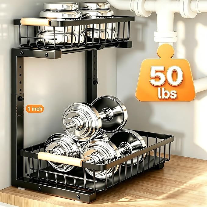 REALINN Under Sink Organizer, Height Adjustable 2 Tier Pull Out Cabinet Storage, L-Shaped Drawer Organizer for Kitchen Sink Organizer, Bathroom Organizers and Storage, Smooth Sliding Rails, Black