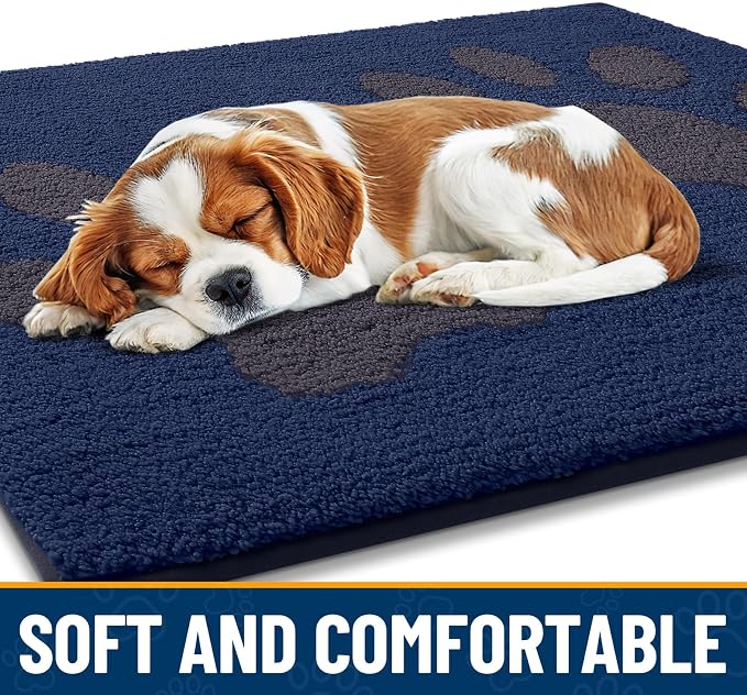 Smiry Dog Door Mat for Muddy Paws, Absorbs Moisture and Dirt, Low-Profile Entryway Mat with Non-Slip Backing, Entry Indoor Outdoor Doormat for Inside Floor (48x30 Inches, Navy Blue, Paw)