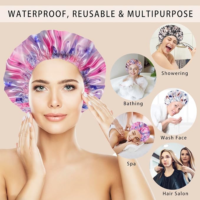 4 PCS Shower Caps for Women, 3D Printing Bath Caps, Double Layers Shower Cap Reusable Waterproof, Bathing Shower Caps, Environmental Protection Hair Bath Hat - Flower C