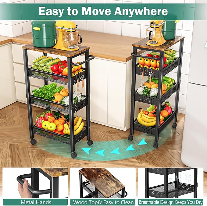 Vivihomety Utility Slim Storage Cart with Wheels, 4-Tier Narrow Rolling Organizer Shelf with Wood Top, Metal Storage Rack and Space-Saving Organizer for Bathroom, Kitchen, Laundry Room, Small Spaces