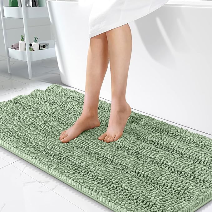 OLANLY Thick Bathroom Runner Rugs 47x24, Extra Absorbent Chenille Striped Bath Rugs, Rubber Backing, Machine Wash Dry, Long Bath Mats for Bathroom, Tub and Shower, Home Decor Accessories, Sage Green