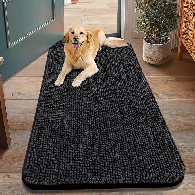 Smiry Dog Door Mat for Muddy Paws 48x30, Absorbent Dirt Trapper, Non-Slip Washable Chenille Entryway Rug for Inside Floor, Black, Classic Solid