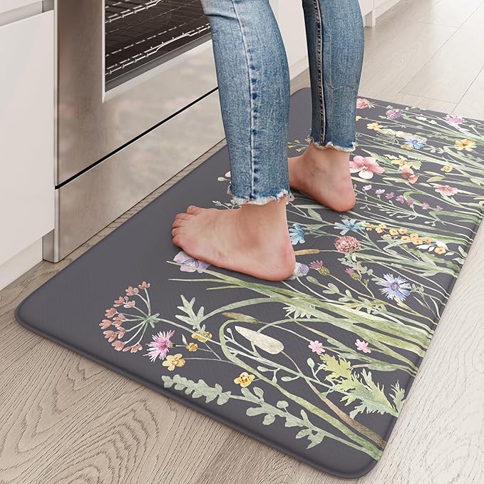 KIMODE Anti Fatigue Kitchen Mat for Floor, 17.3"x29" Farmhouse Kitchen Rug Non Skid, Cushioned Padded Kitchen Floor Mat, Comfort Standing Mat for Laundry, Office, Sink, Desk Dark Grey/Purple