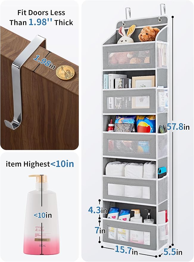 JARLINK 2 Pack Over the Door Organizer Storage, 5 Shelf Hanging Door Organizer with 5 Large Capacity Pockets, Anti Tilt 44 lb Load Behind Door Storage for Bedroom, Bathroom, Pantry, Nursery, (Grey)
