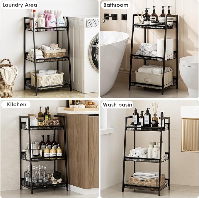 Masupu 3 Tier Bathroom Shelf, Bathroom Organizer and Storage for Small Space, Free-Standing Metal Rack Shelves Waterproof for Kitchen, Bathroom, Laundry, Toilet, Black