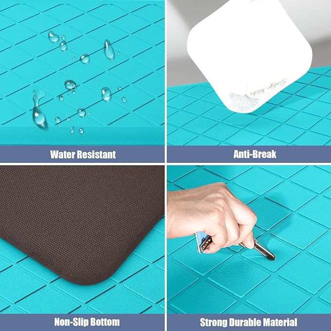 Cushioned Kitchen Mat 2 PCS, Anti Fatigue Kitchen Rugs, Heavy Duty Non-Skid, Ergonomic Comfort Foam Kitchen Floor Mat for Home, Office, Sink, Laundry, Teal