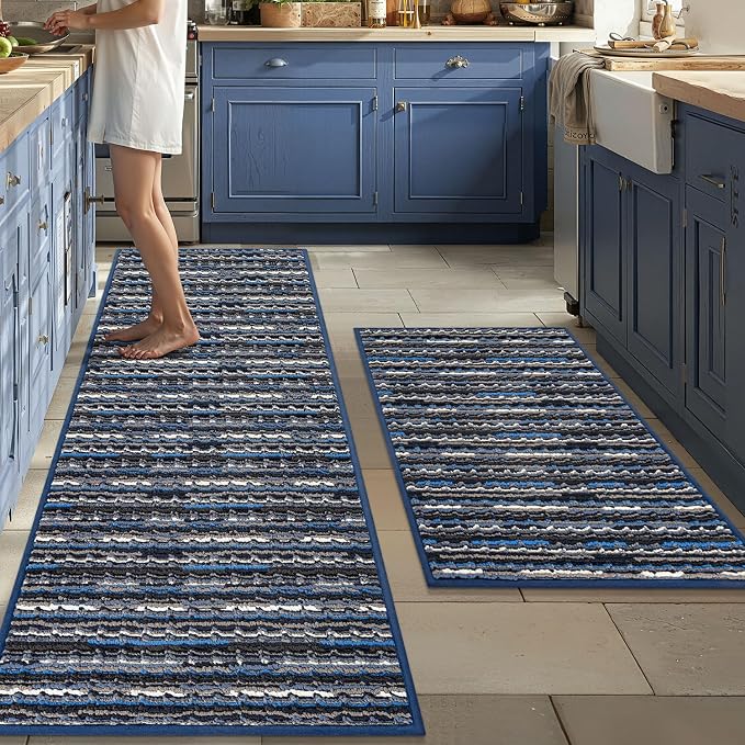 Kitchen Rugs Sets of 2-Non Slip Kitchen Mats for Floor-Thick Stain Resistant Vintage Kitchen Floor Mat Runner Carpet for Hallways Entryway Laundry Room Washable（Navy Blue 22"x59"+24"x35"）