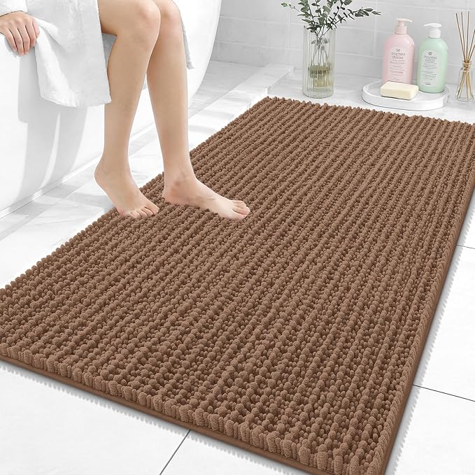 OLANLY Bathroom Rug Mat 44x32, Thick Soft and Absorbent Chenille Bath Mat, Non-Slip Rubber Backing, Machine Washable Quick Dry Bath Rugs for Tub Shower Floor, Home Decor Accessories, Mocha