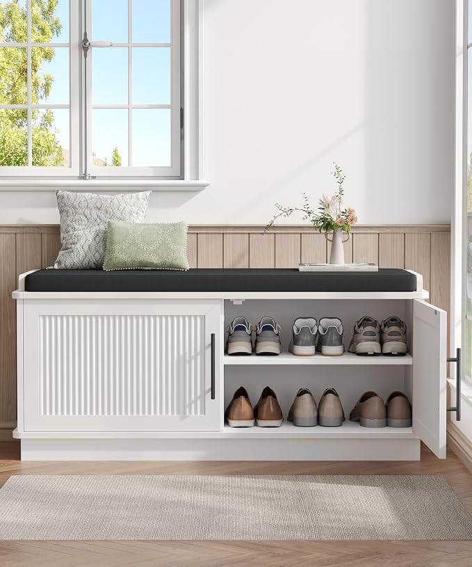 Akxomel Fluted Shoe Storage Bench with Cushion, 39.4" Entryway Bench with Adjustable Shelves and 2 Doors, Shoe Cabinet Bench with Curved Profile, for Hallway, Living Room, Bedroom, White
