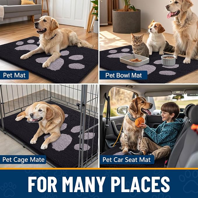Smiry Dog Door Mat for Muddy Paws, Absorbs Moisture and Dirt, Low-Profile Entryway Mat with Non-Slip Backing, Entry Indoor Outdoor Doormat for Inside Floor (36x24 Inches, Black and Grey, Paw)