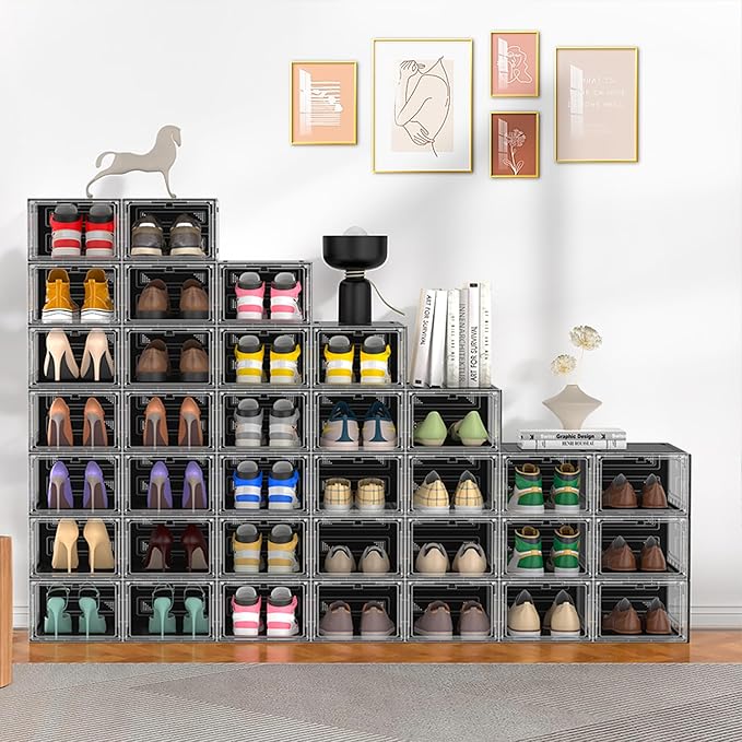 XX-Large Clear Shoe Storage Boxes with Magnetic Door, Thickened Stackable Shoe Organizer 10 Pack, Sneaker Display Case for Closet Organization Storage, Dust-Proof Space Saving System, Black Clear
