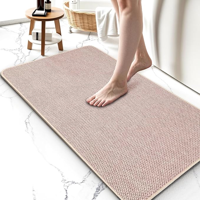 Upgraded Bath Mat 24x36Inch, Thin Bath Mats Rugs with Rubber Backing Non-Slip, Absorbent,Quick Dry Machine Washable, Home Decor Accessories Cozy Cloth Bathroom Rugs fit Under Door/Sink/Tub-Biege