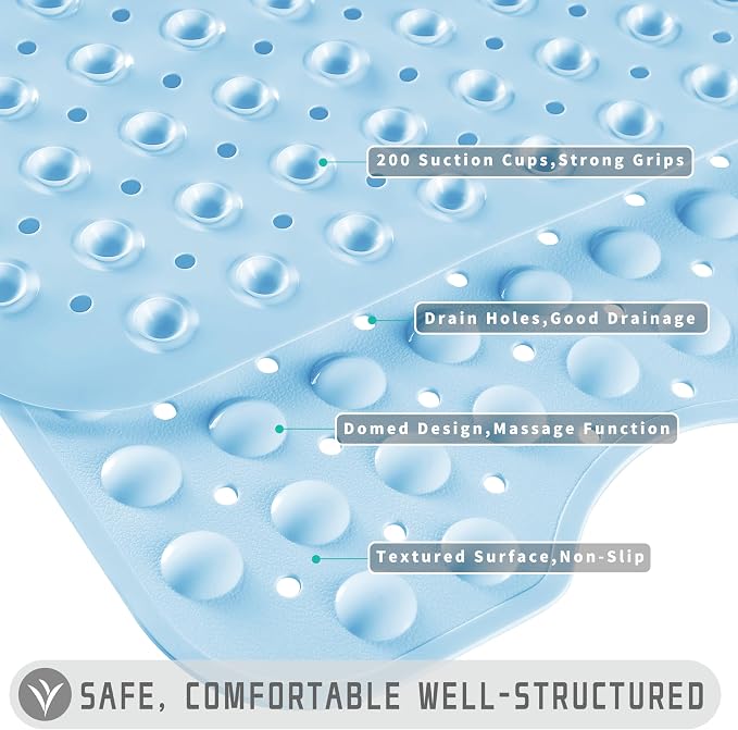 Yimobra Non Slip Bathtub Mat 40 x 16 Inch, Extra Long Shower Mat with Drain Holes, Machine Washable Baby Bath Mats, Strong Suction Cups for Bathroom Floor, Blue