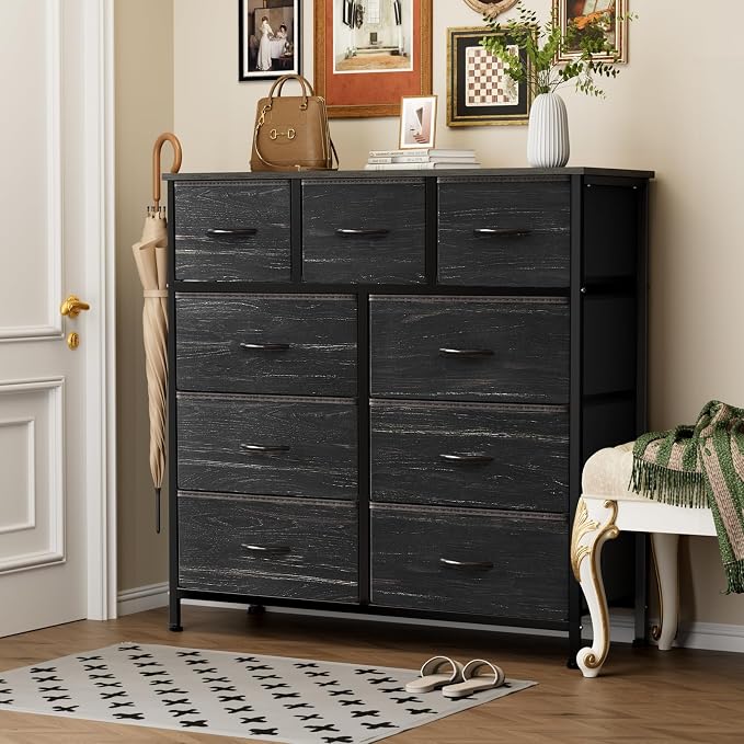 Sweetcrispy 9 Drawer Fabric Dresser Storage Tower with Wood Top and Steel Frame, Organizer Chest with Easy Pull Handles for Bedroom, Closet, Hallway,Black Wood Grain
